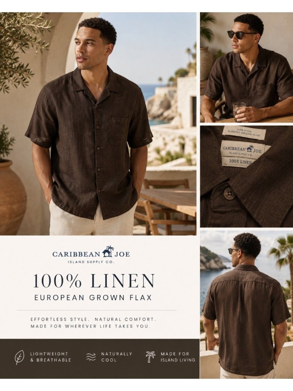 Caribbean Joe 100% Linen Camp Shirt Brown Men’s Large Short Sleeve Resort Casual